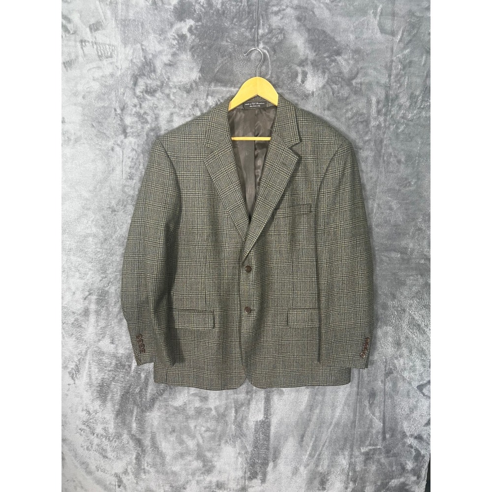 Vintage Glen Plaid Blazer Mens Grey Brown Two Button Sport Coat Macedonia Made